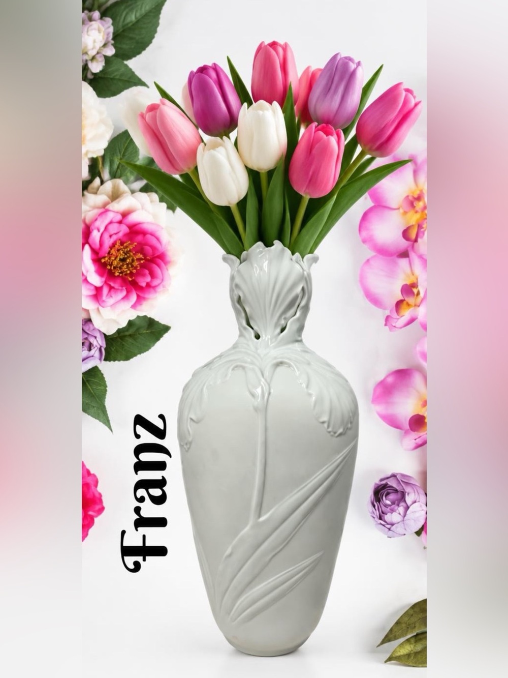 Franz All White Unpainted Iris Flower Vase Sculpted Neck Matte & Glossy Timeless
